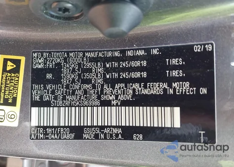 2019 Toyota Highlander Le from USA, damaged, VIN 5TDBZRFH5KS969986